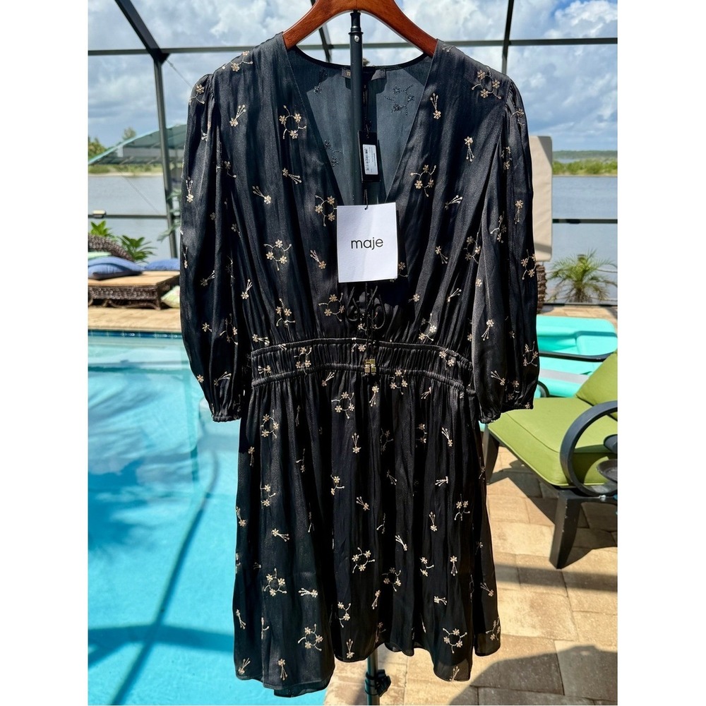 Maje NWT Sequin Embellished V-Neck Mini Cocktail Dress Black 42 XL - Picture 4 of 16